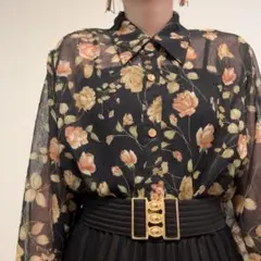 シースルー シアー 薔薇柄 透け感 アンティーク レトロ 柄シャツ 古着のサムネイル