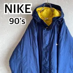 90s ナイキ 銀タグ 刺繍ロゴ ナイロンジャケット パーカー Lサイズ 紺色