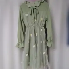 韓国風 グリーン 花柄ワンピース チュールワンピース