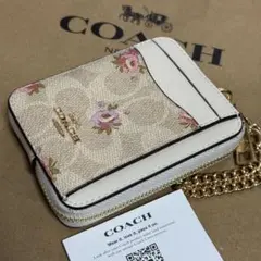 新品 COACH 小銭入れ 定期入れ 財布 ホワイト ピンク フラワー 花柄