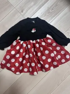 ミニーマウス刺繍 七分袖ワンピース 赤白水玉