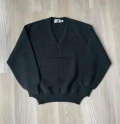 vネックニット ウール ビンテージ 古着 ダークグリーン 毛100% 深緑