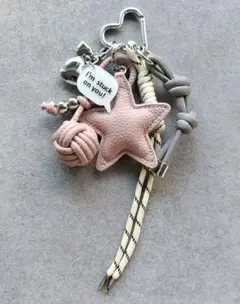 じゃらじゃらキーホルダー バッグチャーム キーチャーム　星　レザー調　ピンク
