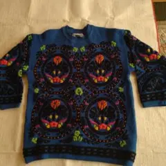 青 花柄　 ニットセーター 長袖　刺繍　古着
