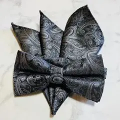 蝶ネクタイ　ポケットチーフ2点セット/ブラックシルバーペイズリー L