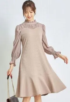 後ろリボン付きジョーゼット×リブカットソー切り替えワンピース　ベージュ