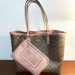 COACH コーチ リバーシブル トートバッグ シグネチャー ピンク ポーチ付のサムネイル