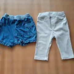 90サイズ デニムブルー・ベージュパンツ、2枚