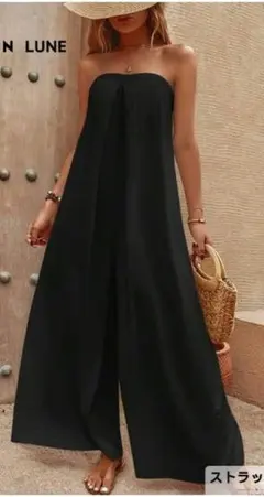 サロペット オールインワン 後ろリボン 黒 ブラック フレアパンツ Mサイズ