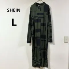 SHEIN 幾何学模様 ロングワンピース L グリーン スリット入り 総柄
