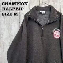 アメリカ古着Champion ハーフジッププリントスウェットトレーナー Mグレー