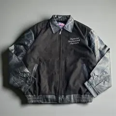 本革レザー切替 スタジャン オールブラック 刺繍ロゴ 2XL