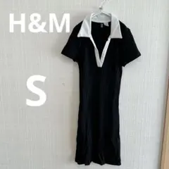 H&M ブラック黒　半袖　ミニワンピース S 黒/白　スリム　タイト　ポロシャツ