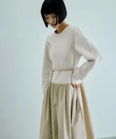 ワイドスリーブコンビワンピース　アダムエロペ　ベージュ