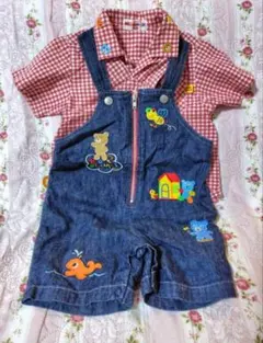 ミキハウス チェックシャツとデニムオーバーオール2点セット 80