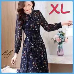 花柄　シフォンワンピース　透け感　上品コーデ　秋コーデ デート　パーティーXL