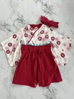 花柄 ベビー着物 赤と白 ヘアバンド付き