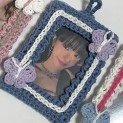 ［T49］トレカケース 編み物 ハンドメイド 毛糸 蝶々(blue)