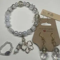 ハンドメイド 水晶ブレスレット ピアス リング 3点セット