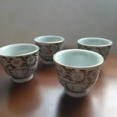 九谷焼花柄金縁お猪口4個セット アンティーク小物