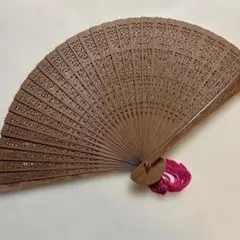 木製扇子 ピンクタッセル付き