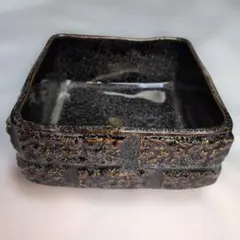 陶器製 四角 花器 生け花華道鉢 フラワーベース 焦茶色