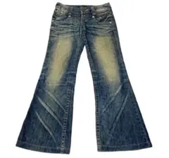 00s Y2K デニム フレアパンツ グランジ ブーツカット ローライズ 刺繍