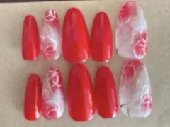 赤色花柄ネイルチップセット