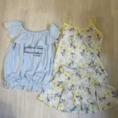 ポンポネット フリル付き水色トップスと花柄キャミソール水着セット