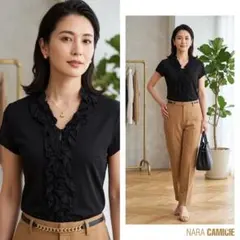 NARACAMICIE ナラカミーチェ【Ⅱ】半袖ブラウス 黒 フリル 伸縮 L