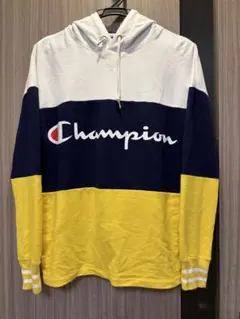 Champion フード付きパーカー ホワイト/ネイビー/イエロー