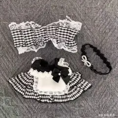 ぬい服 メイド服 黒 ブラック 10cm ヘッドドレス ワンピース チェック