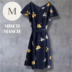ミッシュマッシュ フレアワンピース M 紺 花柄 フレア Vネック リボンベルト