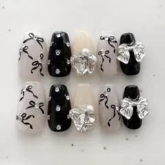 現品 ネイルチップ リボン ギャル ドット 量産型 y2k 派手 韓国 ガーリー