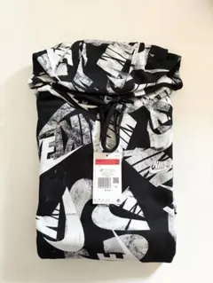 【美品】NIKE 総柄 プルオーバースウェット パーカー／ブラック Lサイズ