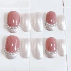 【現品】パールフレンチネイルチップ　ピンク×シルバーラメ　キラキラガーリー