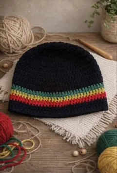 ハンドメイド 手編みビーニー ニット帽 ラスタカラー ブラック 男女兼用