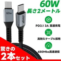 2m 60w急速充電 Type-C タイプc PD対応 2本セット ケーブル