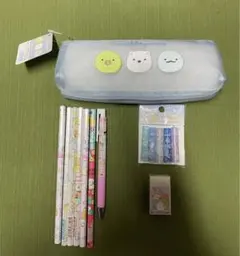 すみっコぐらし 刺繍メッシュペンポーチ 文具セット ブルー