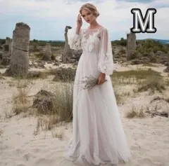 刺繍 花柄 レース ウェディング 前撮り マタニティ ドレス チュール ロングM