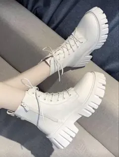 shienホワイト厚底レースアップブーツ