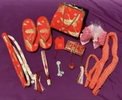 お子様用和装小物　はこせこセット　5歳向けサイズ　朱色　鶴柄