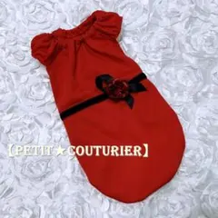 No.4052　赤いバルーンワンピース　薔薇のコサージュ付き　＜ダックスS用＞