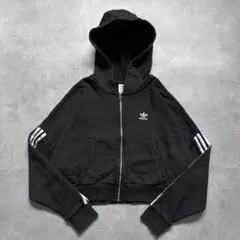 adidas アディダス ジップパーカー 古着 短丈 刺繍 XS 黒 19587