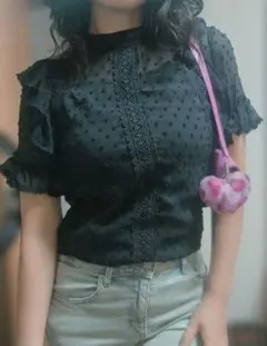 フリル付きレース黒半袖トップス y2k