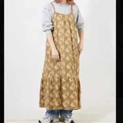 花柄ティアードキャミワンピース M マスタード インド綿 レイヤード マキシ丈♪