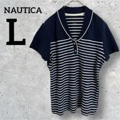 NAUTICA【L】ポロシャツ　セーラー風　ボーダー　ネイビー　ホワイト　半袖