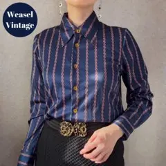 ヴィンテージ レトロ古着 ストライプ柄ジャージーブラウス ネイビー 紺