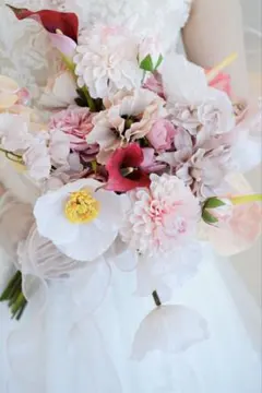 【ブートニア付き】ウェディングブーケ ピンク ホワイト 前撮り 挙式 二次会