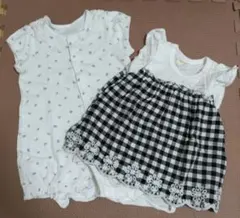 70cm 花柄半袖ロンパースとチェック柄半袖ロンパース ２枚セット
